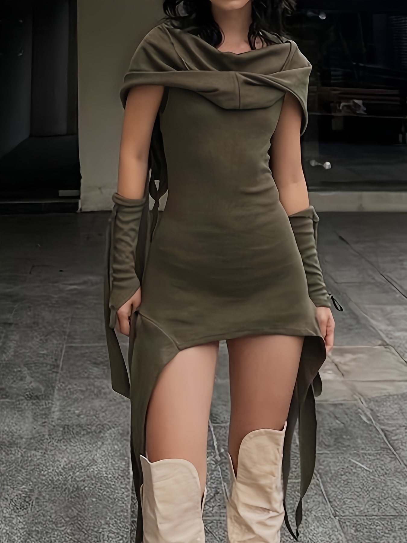 Hooded Dacron Hollow Out Plain Bodycon Dress Hooded Dacron Hollow Out Plain Bodycon Dress
