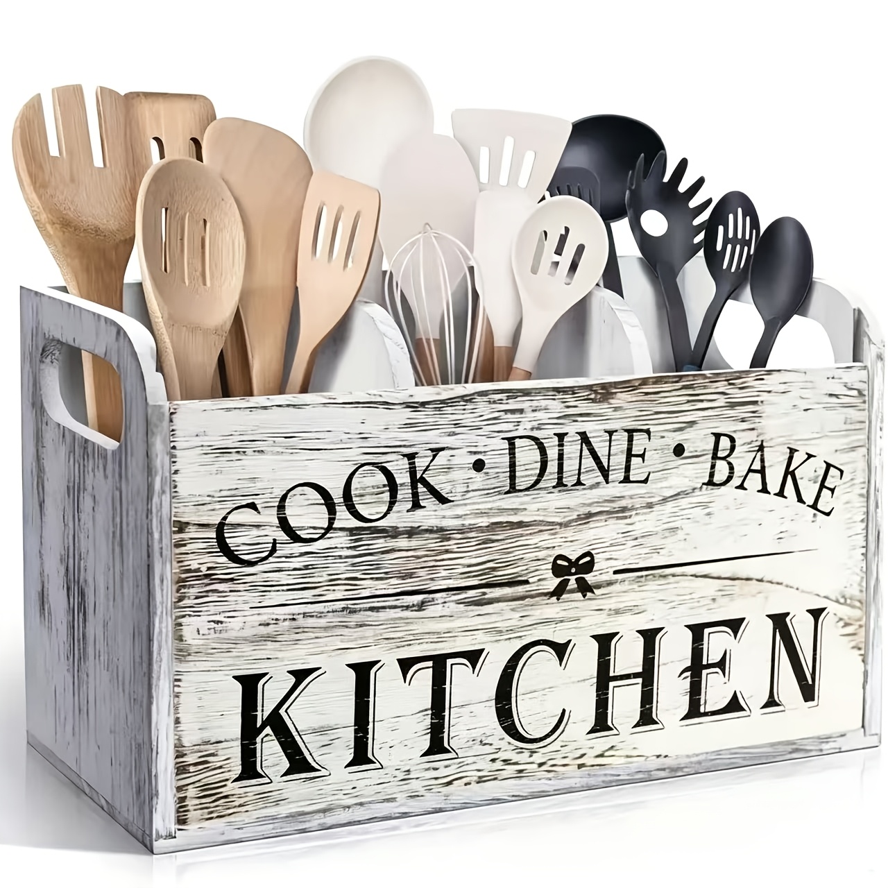 TEMU Extra Large Rustic Wooden Utensil Organizer - 3-compartment Countertop And Wall-mounted Storage Box For Cooking/baking Tools, Heavy-duty Kitchen