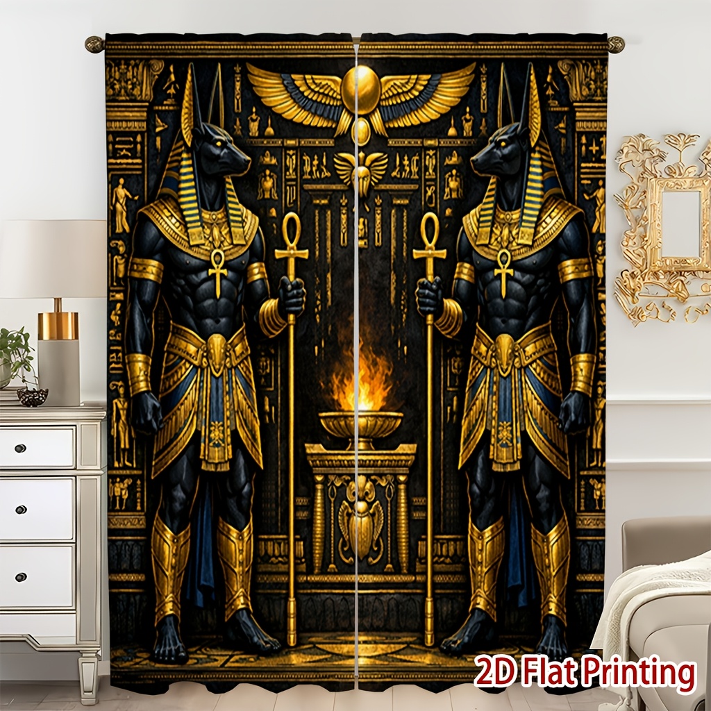 TEMU [ Goods] 2pcs Ancient Egyptian God Print Curtains Soft Light, Privacy Protection, Pocket Rod Installation Curtains Suitable For Living Room,