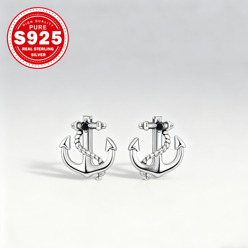 Women's S925 Silver Anchor Stud Earrings with Zirconia Accents