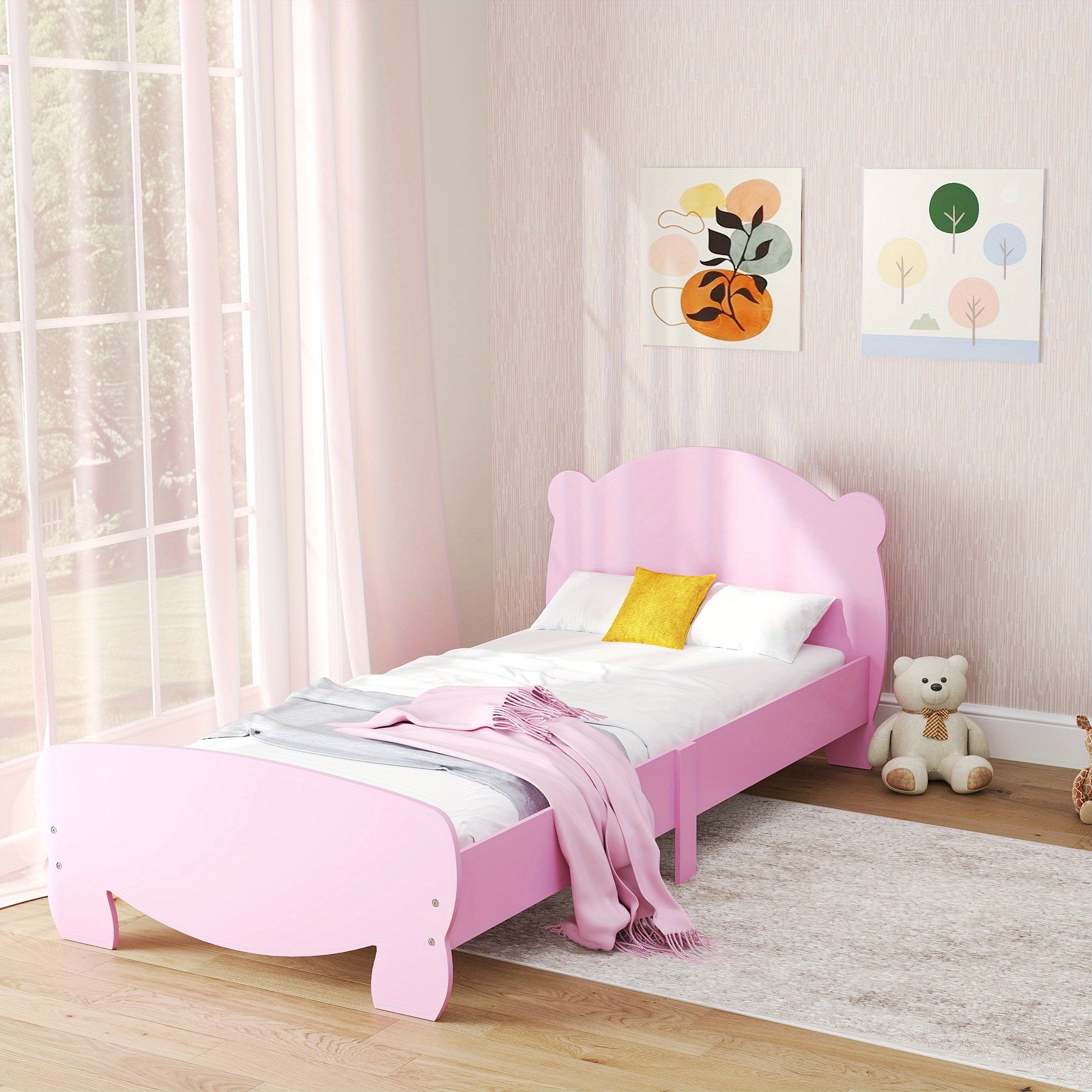 TEMU Qaba Twin Bed Frame For Kids - Bear-shaped Platform Bed With Safety , Pink Bed Frame, Easy Assembly, Medium-density Fiberboard (mdf)