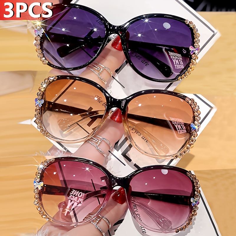 

3-pack Women's Studded Frame Glasses, Fashion Style Gradient Lenses, Material, Decorative Eyewear Set