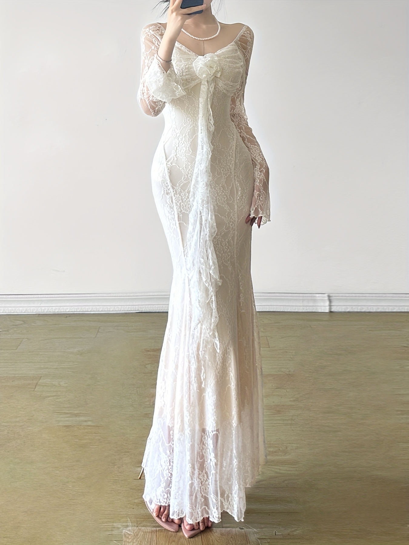 white elegant dresses for wedding Off Shoulder Mermaid White Lace Long Wedding Dresses-Bridelily main image 1