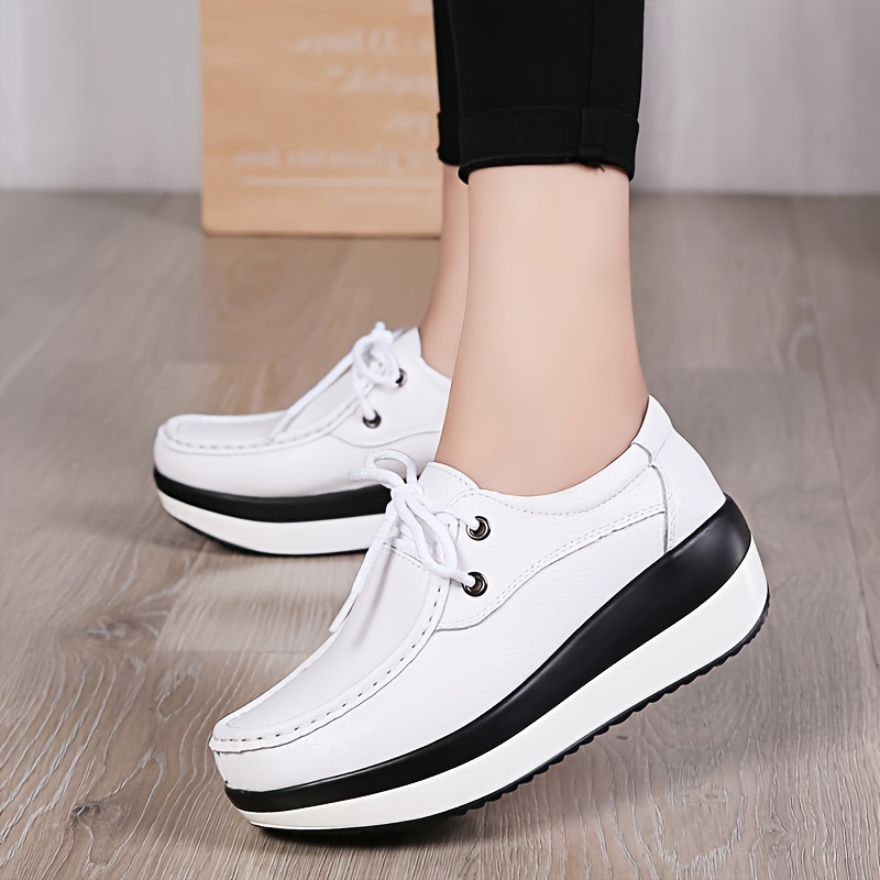 

Women's Solid Color Casual Sneakers, Lace Up Platform Soft Sole Walking Comfort Shoes, Wedge Heightening Daily Shoes