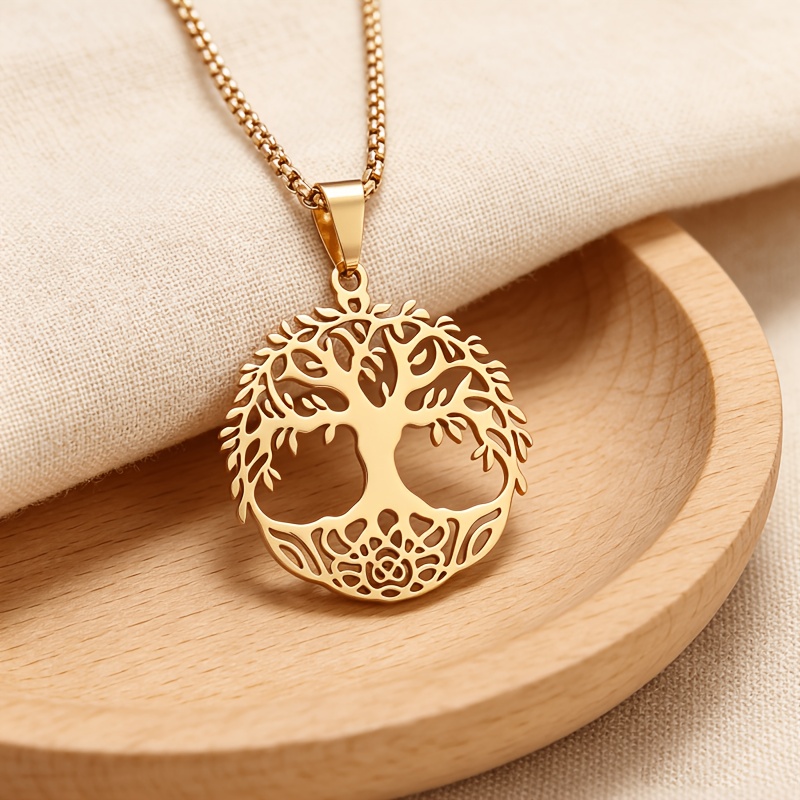 TEMU Elegant Stainless Steel Tree Of Life Hollow Pendant Necklace - Simple And Light Luxury Yoga Jewelry For Men And Women, Suitable For Daily Wear,