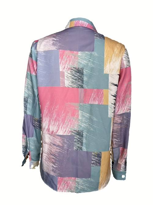 womens casual geometric color printed shirt short sleeve button up with classic collar machine washable spring summer commuting dating essential trendy versatile top smooth texture fabric everyday top stylish blouse blouse professionals