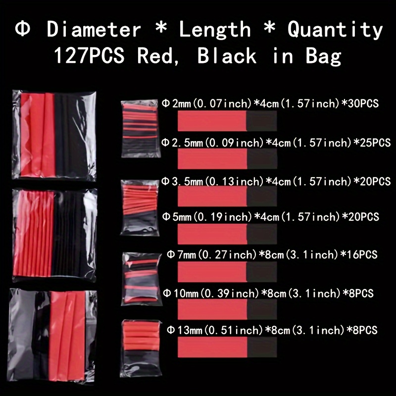 127pcs Assorted Black & Red Shrink Tubing, 2:1 PE Polyolefin Cable Sleeving, Automotive Wire Wrapping Kit, Industrial Electrical Interconnects