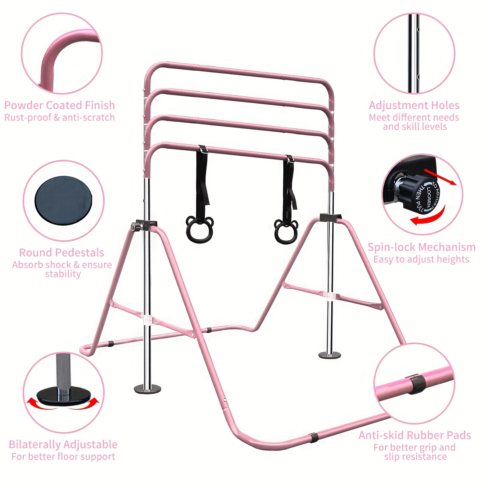 Adjustable Height Kids Monkey Bars with Bear Rings - Foldable Multifunctional Gymnastics Bar for Strength & Balance Training, Heavy-Duty Steel Home Gym Equipment with Non-Slip Base & 110 lbs Capacity, Space-Saving Design for Toddlers & Children (Purple/Green/Blue), Indoor Playset, Playful Design, Sturdy Construction