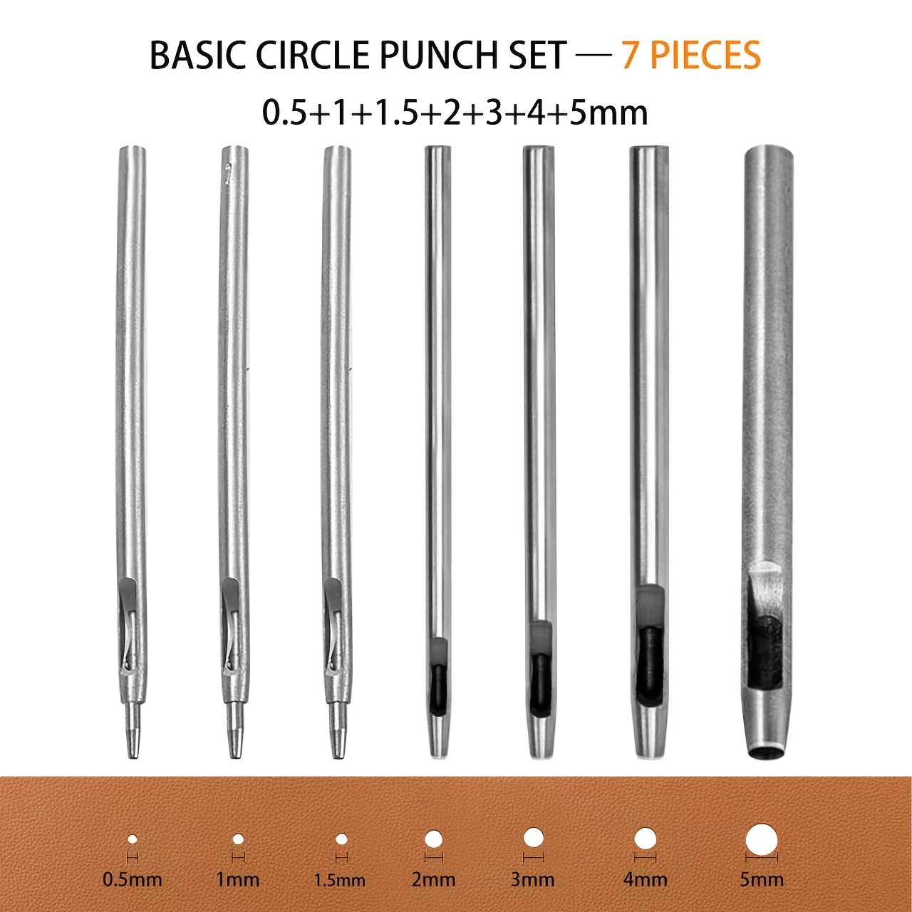 Image of Round Punch 7pcs Hollow Punch Cutter Set, 0.5mm-5mm Round Hole Tool Kit For Watch Straps, Fabrics, Plastic, And Grommet Belts