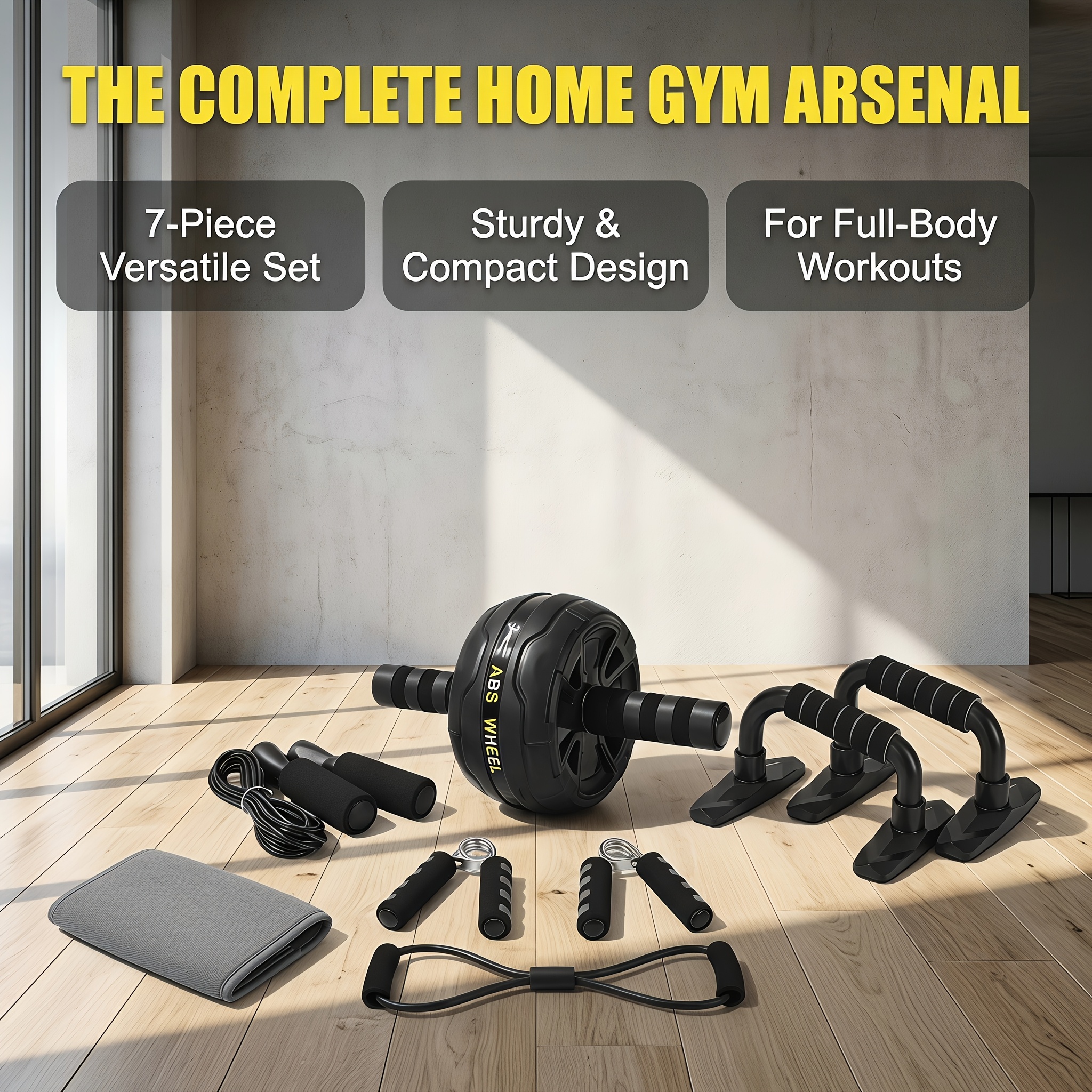 Multi Purpose Home Workout Kit, Ab Roller Wheel Set With Push Up Stands, Resistance Loop Band, Hand Gripper And Knee Pad For Indoor