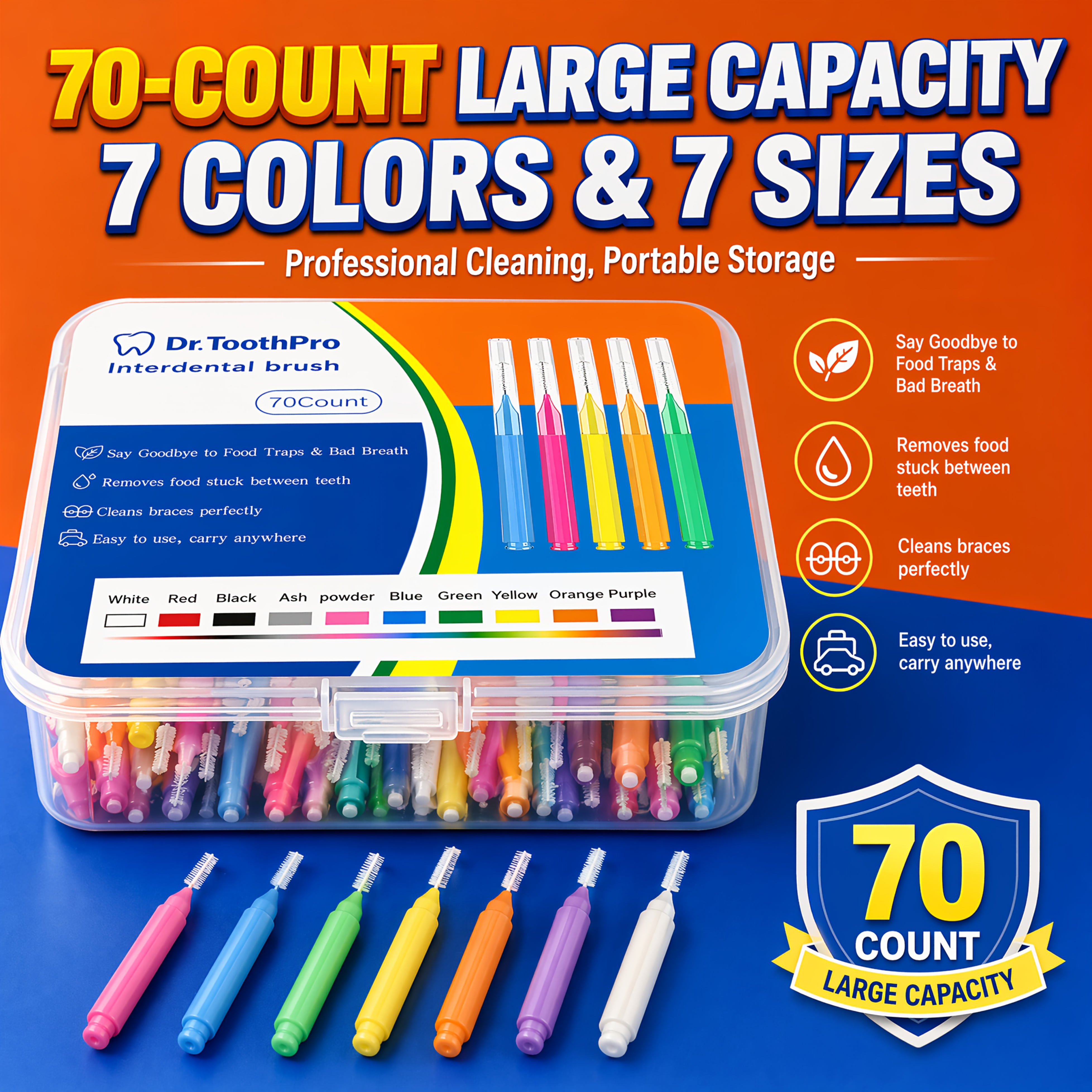 Image of 70pcs Mixed Color Interdental Brushes, 7 Sizes Soft Nylon Bristles, Ergonomic Handle, Plaque, Portable Oral Care Tools For Braces Adult Hygiene