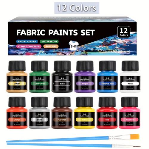 item picture 12 colors 24 colors textile paint set permanent fabric coating dyes per bottle suitable for handmade graffiti watercolor gouache acrylic paints clothing canvas craft projects hand painting coloring 2pcs brushes