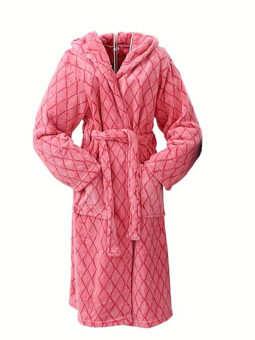 coral velvet bathrobe with hood polyester 100 v neck long sleeve robe set casual solid color with mesh pattern thicken warm absorbent nightgown with belt