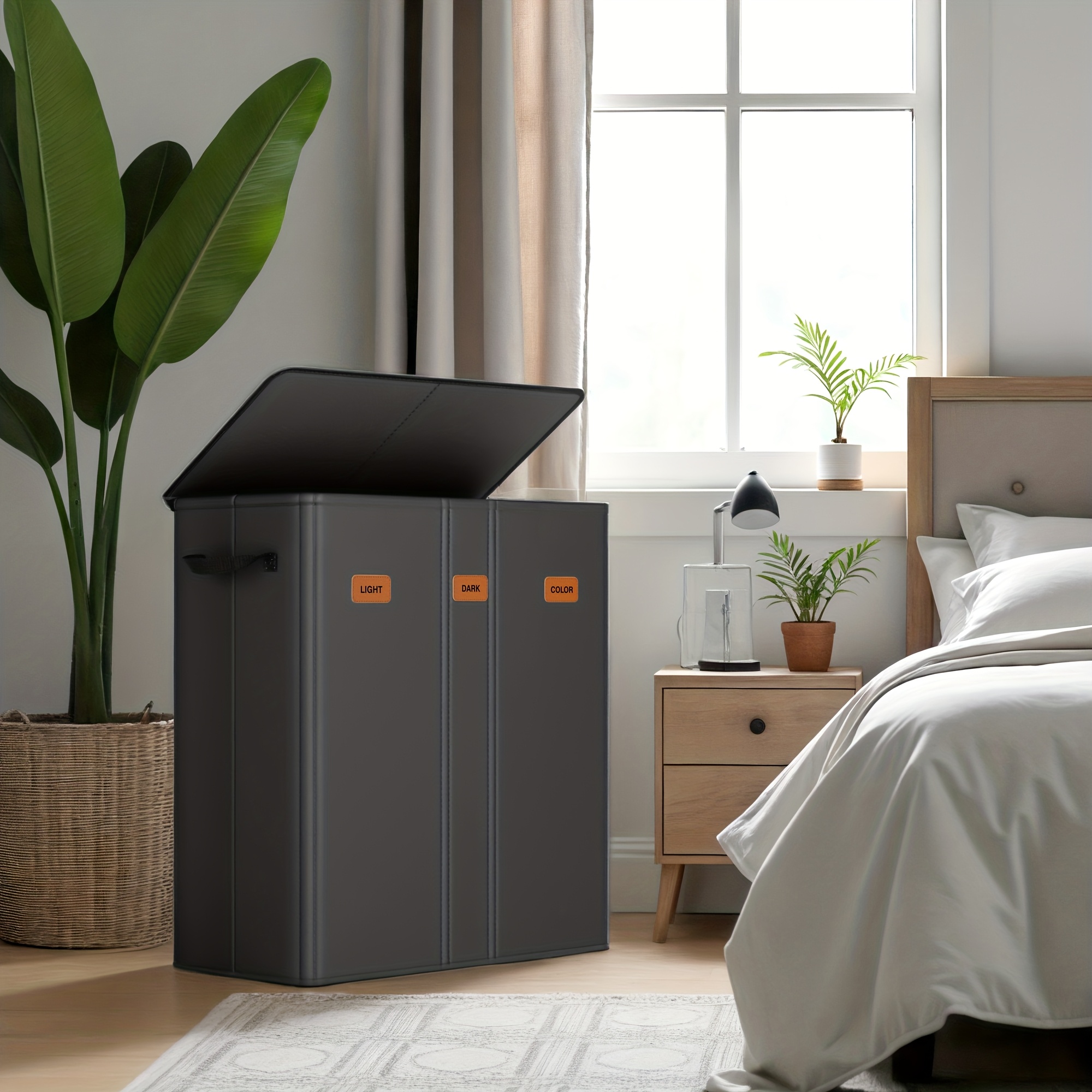 Practical Laundry Collector With Lid, Suitable For Laundry Rooms And Environments. With 3 Compartments, 5 Labels And A Capacity Of 160 . The Inner Bag Is Washable And Removable., Laundry Hampers