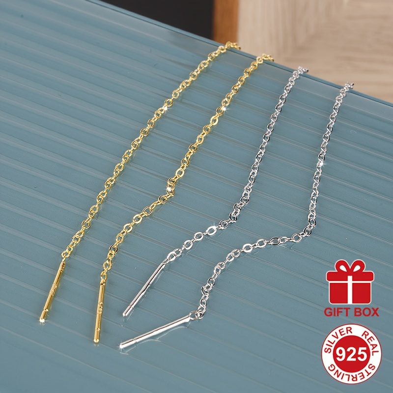 

925 Sterling Silver Dangle Earrings Plated Sparkling Tassel Design Silvery Or Golden Pick A Color U Prefer Hypoallergenic Jewelry With Gift Box