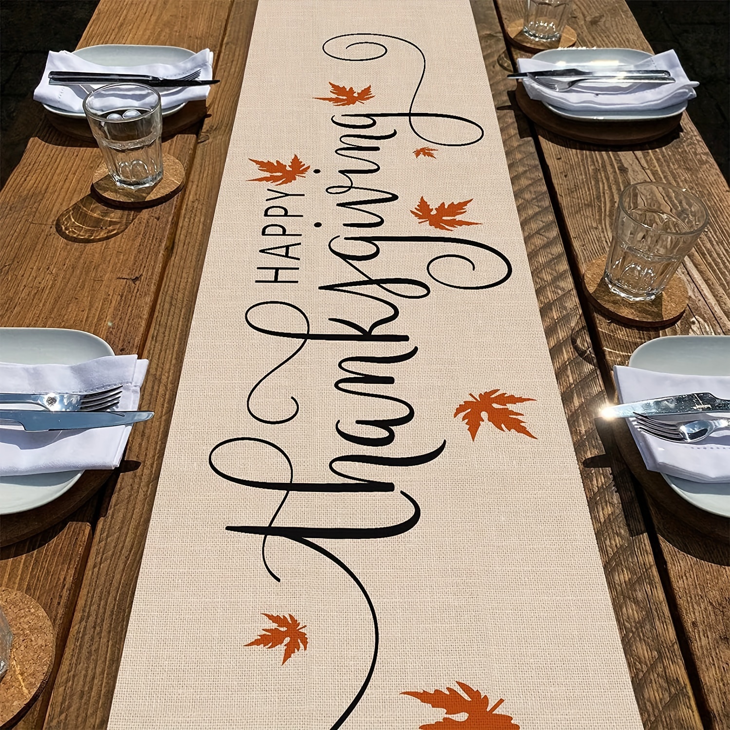 

Thanksgiving Polyester Table Runner - Woven Rectangular Maple Leaves Design, Farmhouse Autumn Burlap-look Give Thanks Table Decor, Rustic Seasonal Dining Tabletop Scarf