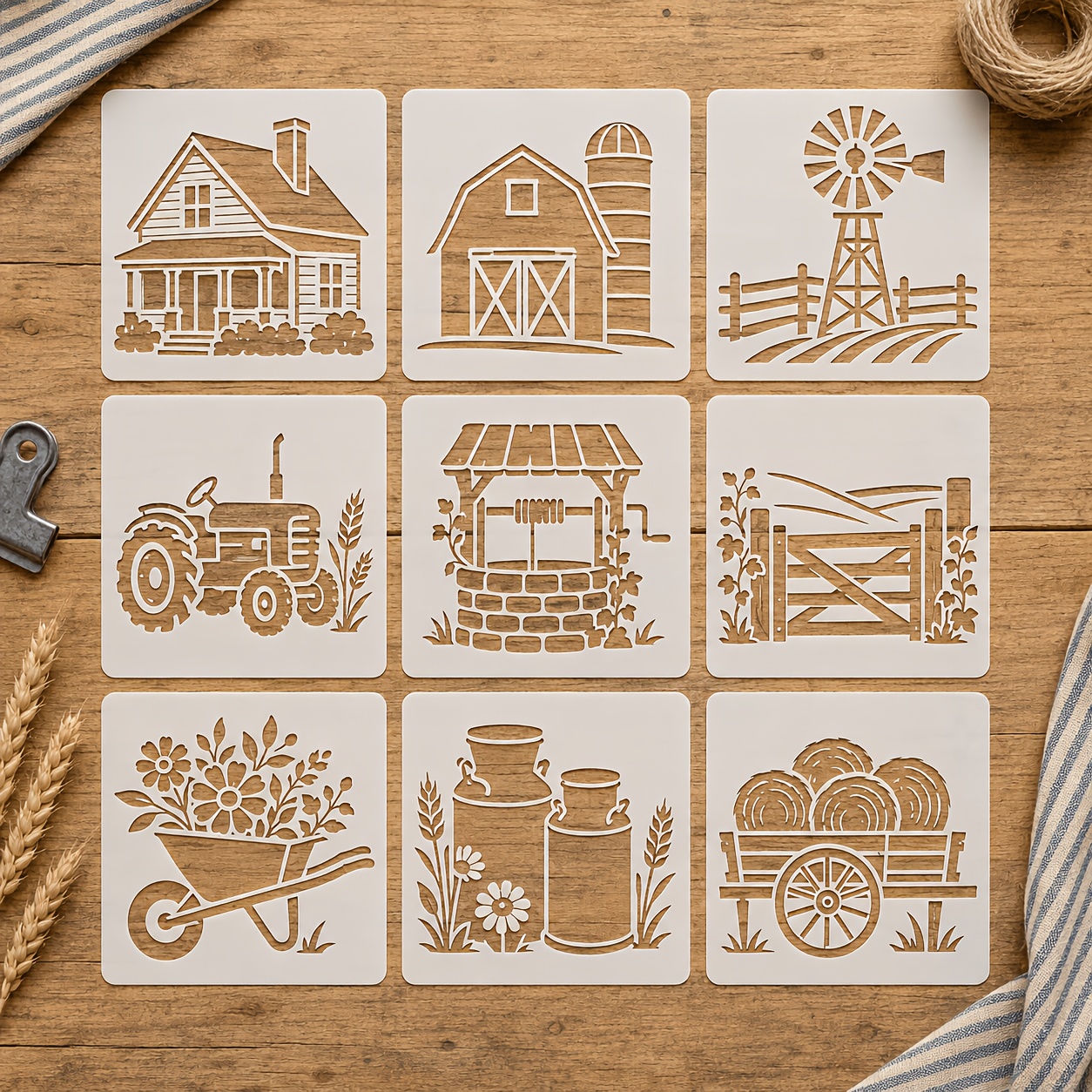 TEMU 9pcs Farmhouse Themed Hollow Painting Template Set | House Barn Windmill Tractor Spray Painting Templates | Suitable For Home Decor, Fabric, And