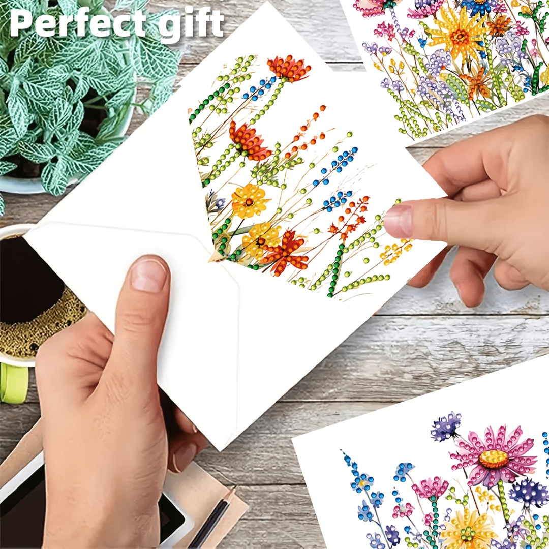 TEMU 6pcs New 6pcs Botanical Diamond Painting Greeting Card & Envelope Set - Watercolor Floral Suitable For , Thank You Cards With 6 Styles, Suitable