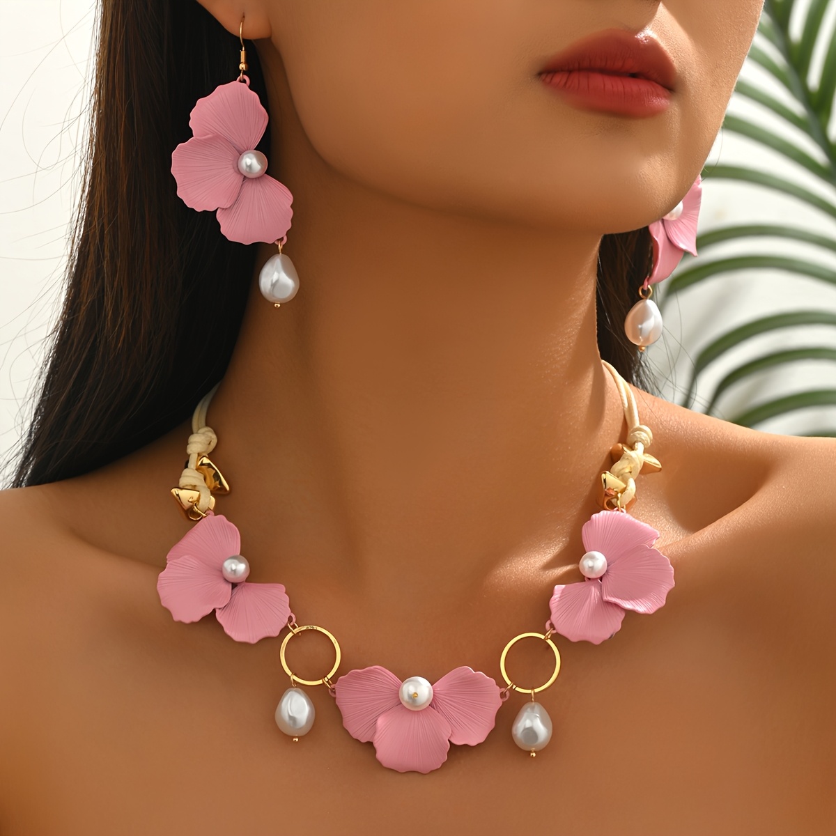 TEMU 1 Set de Collar 3D con Decoración de Perlas de Rosados Dulces y Frescos, Joyería para Orejas Estilo Ins, Adiciones para Citas