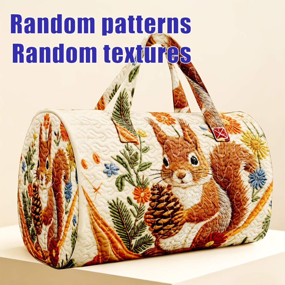TEMU 1pc Thanksgiving Gift Pastoral Nature Squirrel And Floral Pattern Quilted Handbag Travel Bag For Weekend Outing Shopping Beach Daily Perfect