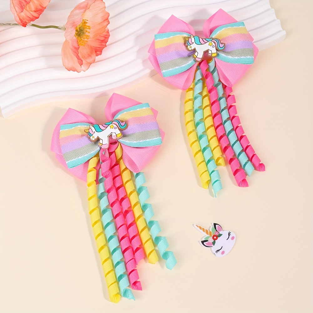 

2 Pcs Cartoon Unicorn Hair Clips, Striped Bow Barrettes With Long , Cute Cartoon Licorne Decor, Girls Fashion Hair Accessories, Polyester, For Daily & Casual Wear, Gift Idea