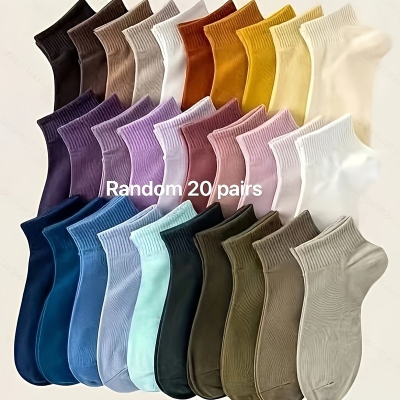 Image of Random 20 Pairs New Style Socks From Stock Couple Spring Summer Solid Color Short Socks Shallow Mouth Invisible Low Cut Anti-slip No Heel Couple Boat Socks Soft Comfortable Socks
