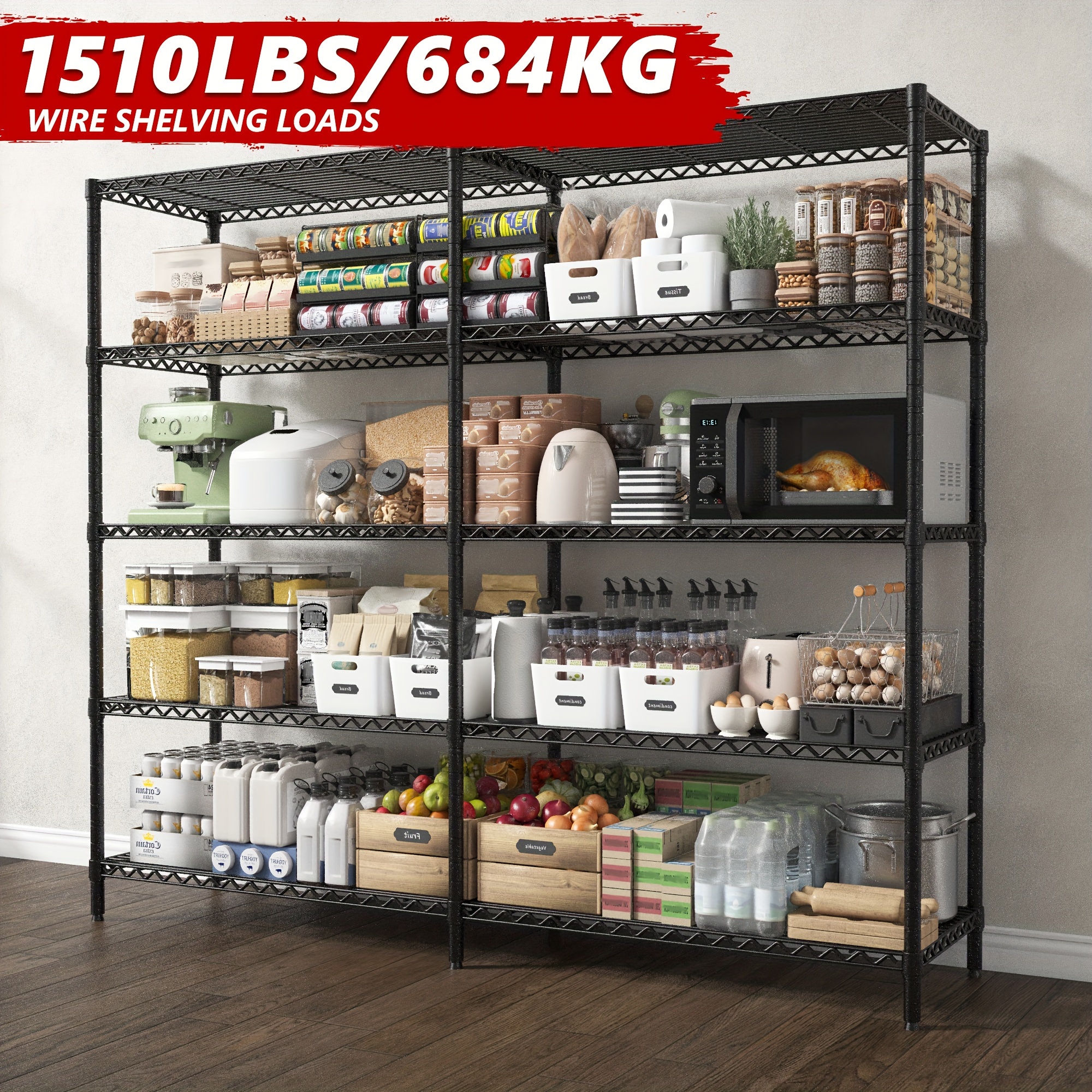 TEMU 1510lbs Storage Shelves 61.3'' Shelving Tier Metal Shelving For Storage Rack Shelves For Storage Heavy Duty Garage Shelf Pantry Shelves Kitchen Shelving, 61.3''w*72.6''h*15.8" D, Utility Racks