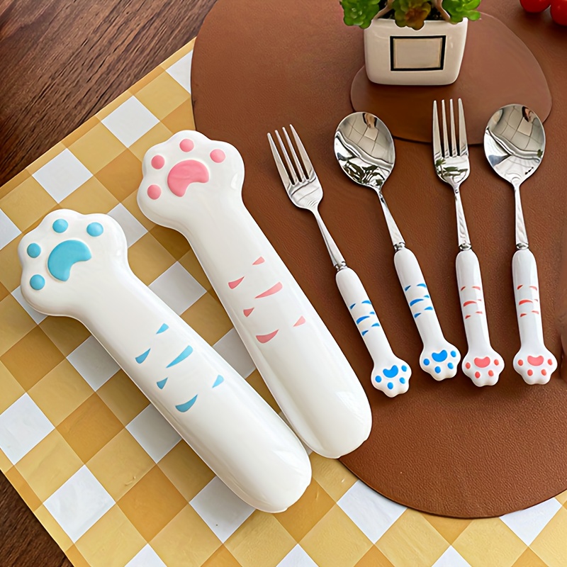

2pcs/set, Portable Tableware With Fork Spoon, Reusable Stainless Steel Fork Spoon Set With Cute Cat Claw Box, Suitable For Tourism, Outdoor Camping