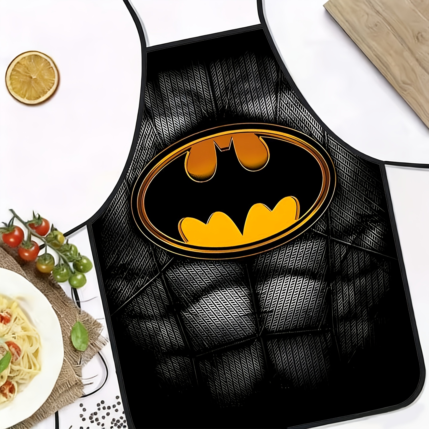 TEMU 1pc Apron Yellow Bat-shaped Badge, Black And Golden Outline On Armored Black Textured Background Apron, Reusable, Multi-functional, Suitable For