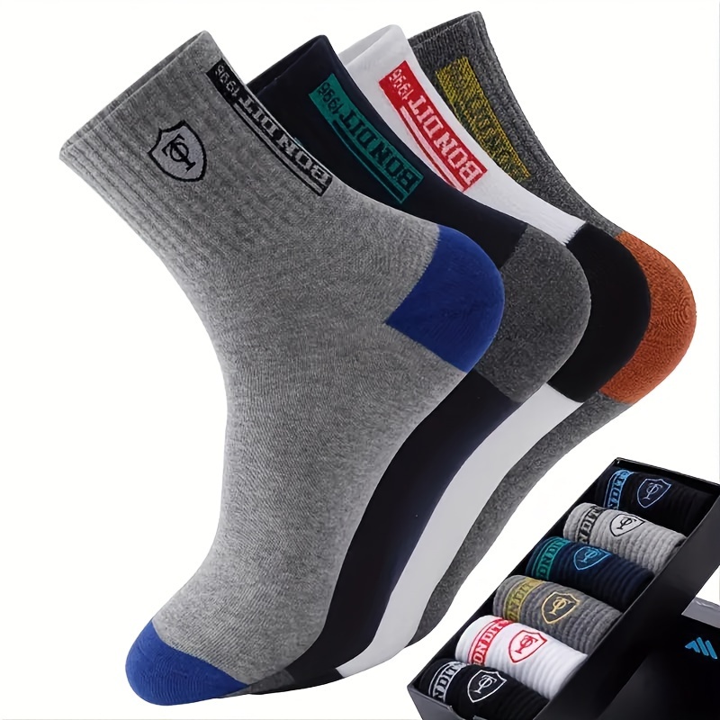 TEMU 6-pack Embroidered Athletic Cotton Blend Socks For Men, Breathable Woven Ankle Sweat-absorbent Socks