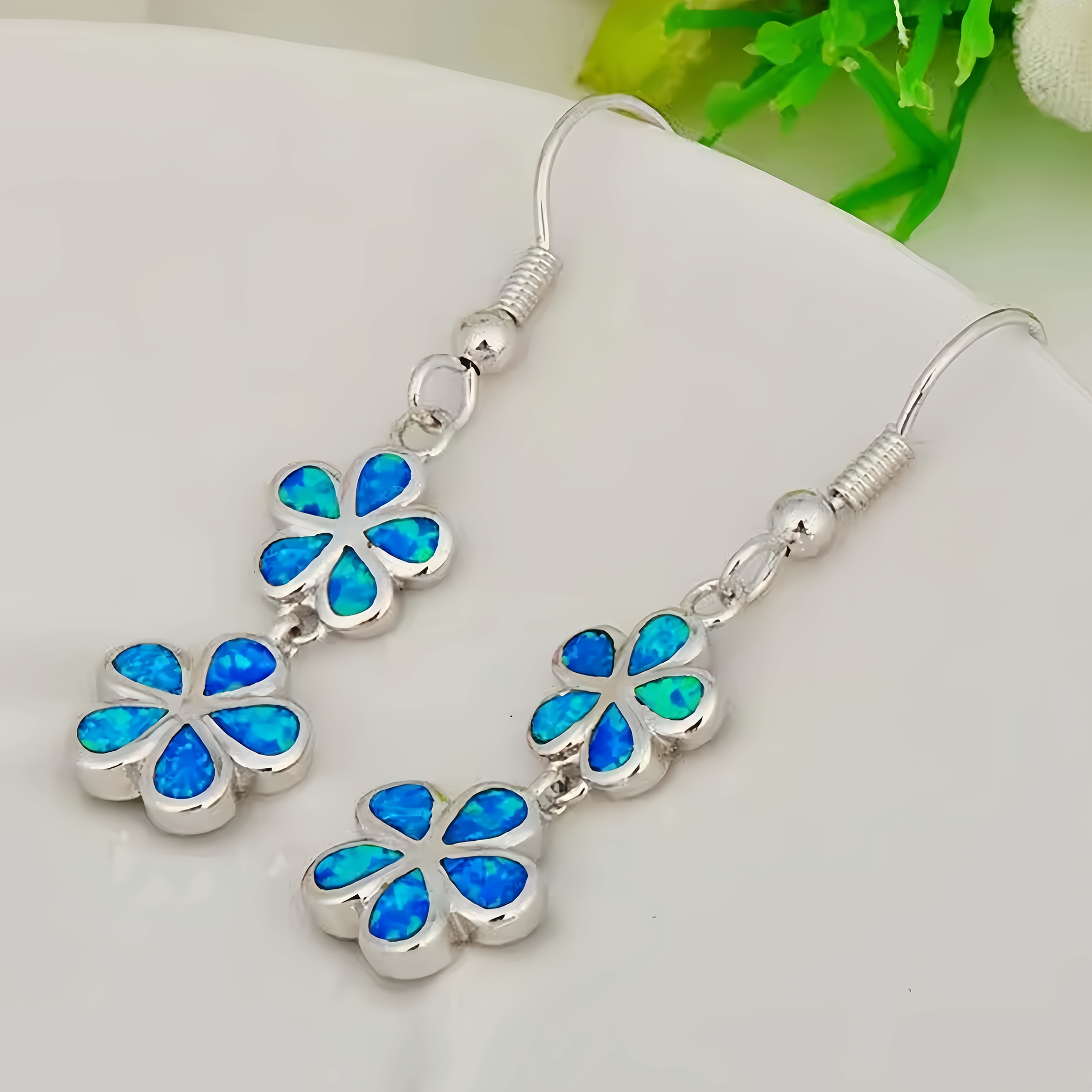 TEMU Boho Blue Flower Earrings, Inlaid Opal Beach Vacation Earrings, Holiday Wearable Earrings, Wearable Earrings For Weddings And Party, Best