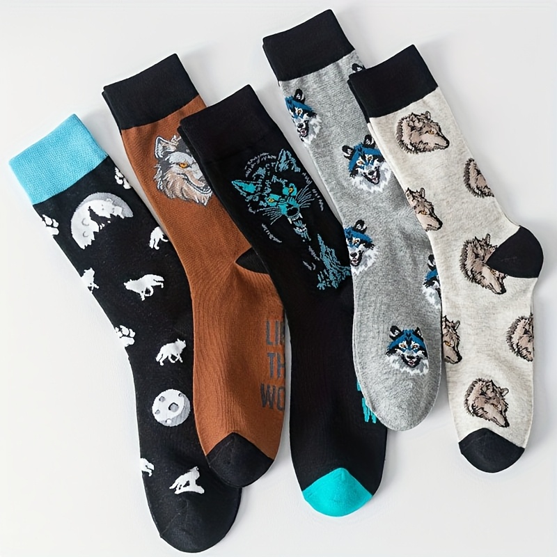 E-shop 5 Paar Unisex Socken mit Wolf , Mid-Calf Länge, weich und bequem für alle Jahreszeiten, stylisch und vielseitig für Sport, geeignet für