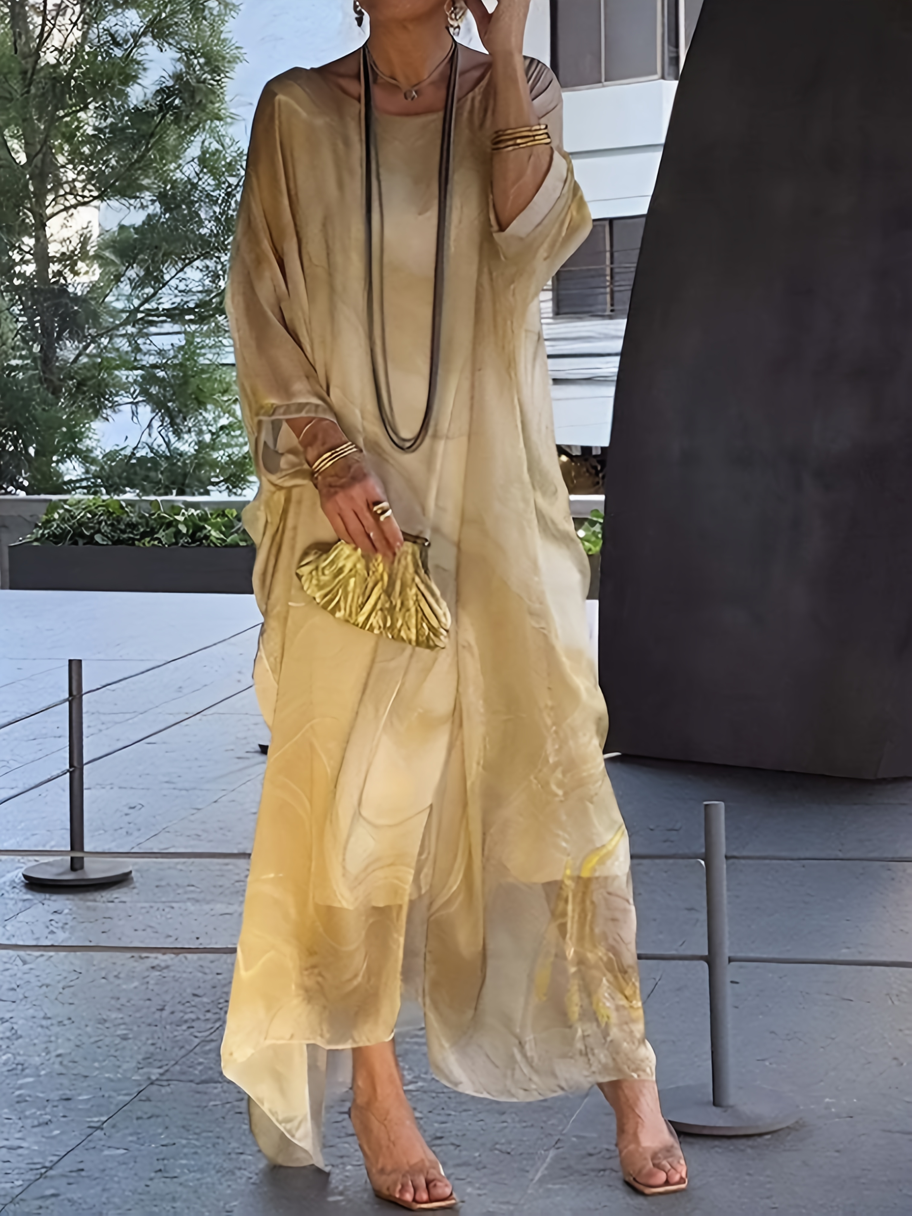 womens elegant beige golden maxim dress long sleeve flowy - Temu