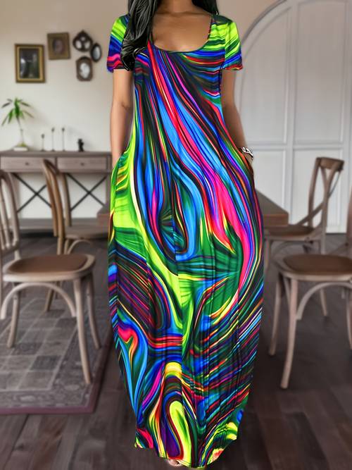 womens bohemian maxi dress with vibrant tropical print short sleeve round neck flowy casual dress machine washable breathable for spring summer beach festivals picnics beach dresses picnic clothing vacation wear boho lovers