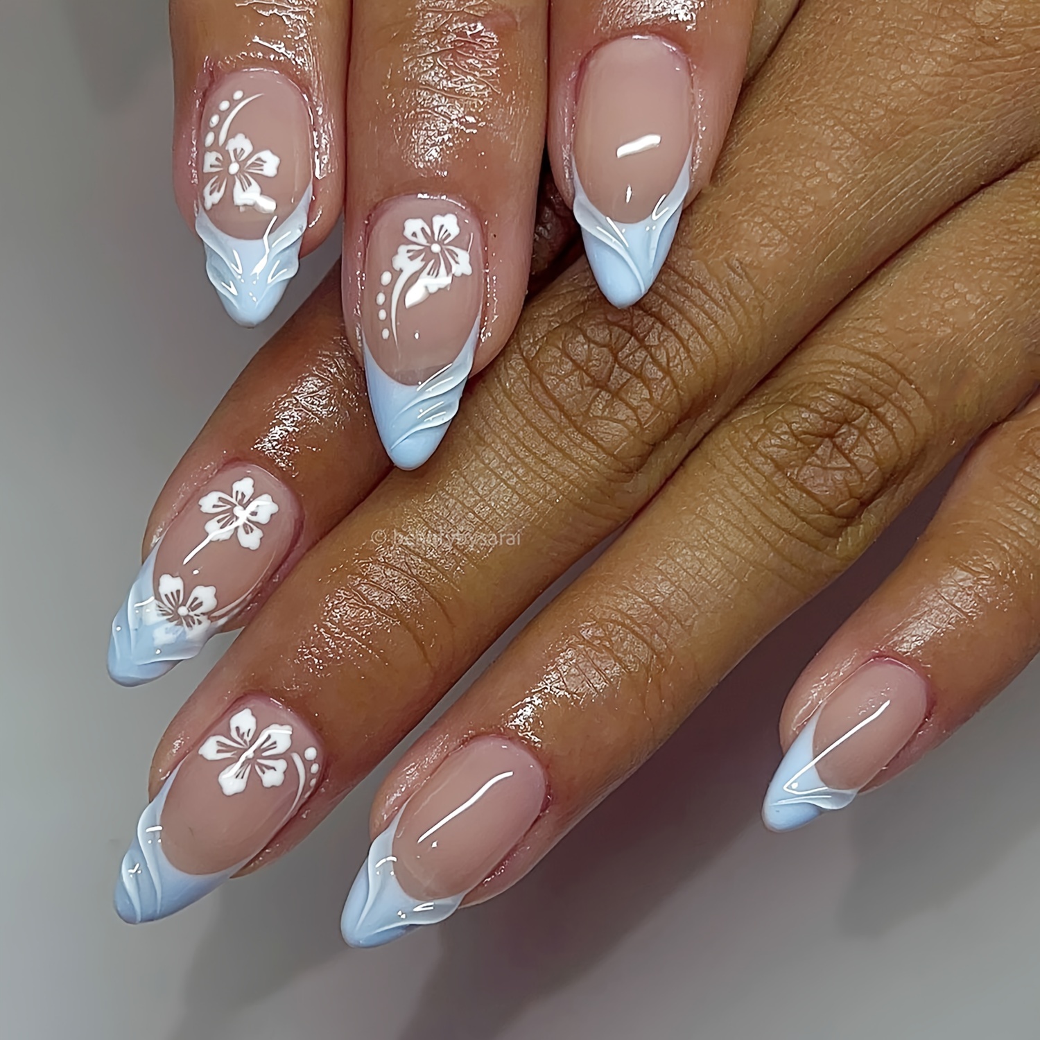 

Chic Blue & White Floral French Tip Press-on Nails - Medium Almond Shape, Glossy Finish With 3d Ripple Design, Perfect For Women And Girls