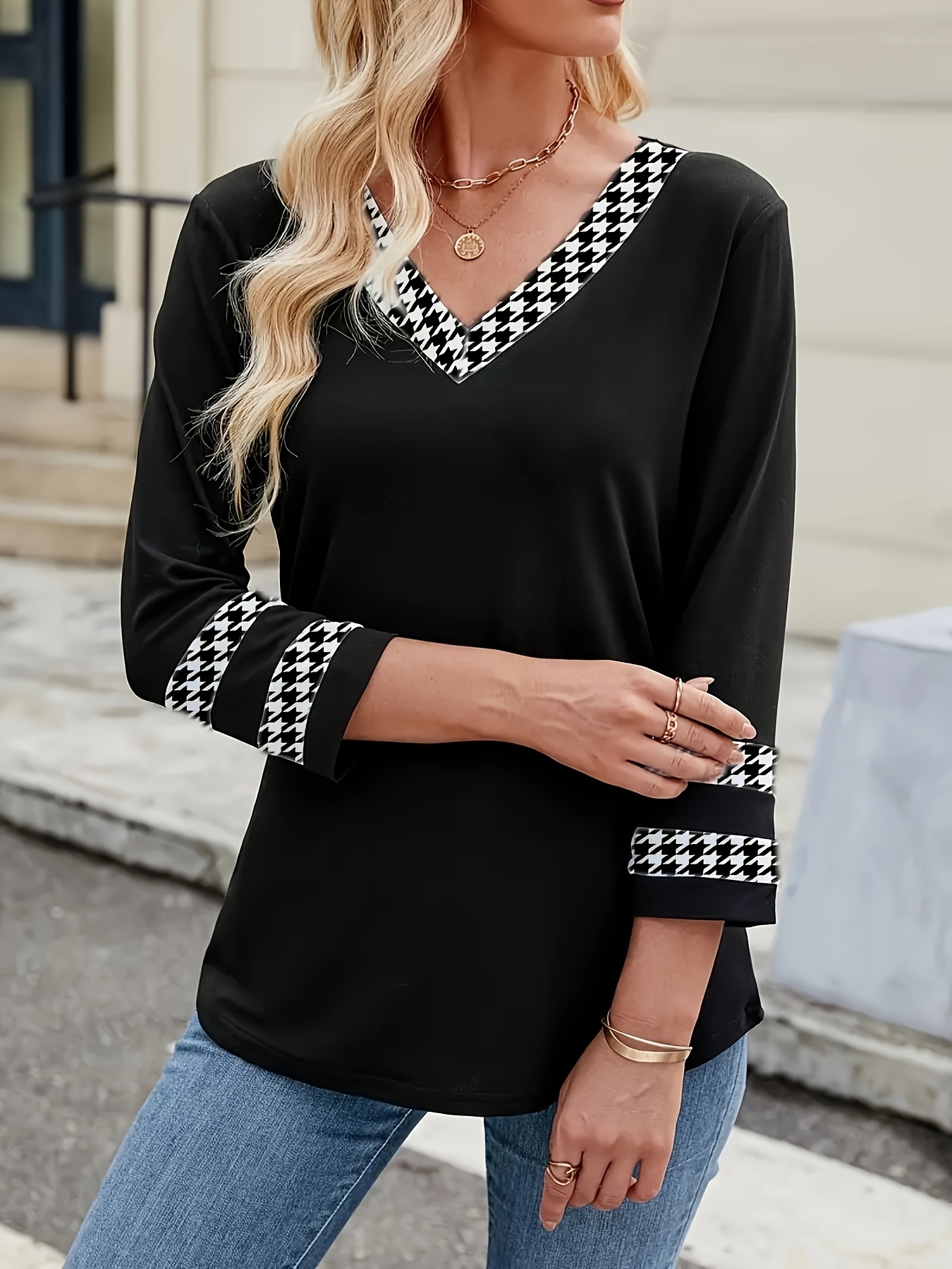 v hals dames t shirt met kleurblok print relaxed Temu Netherlands