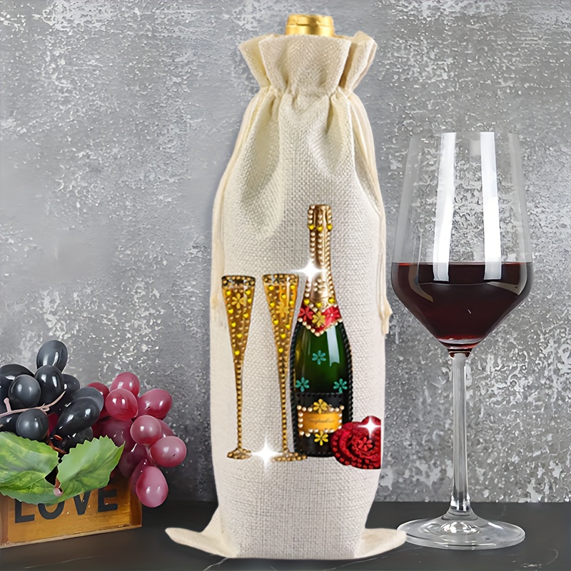 TEMU 1pc Linen 5d Diamond Painting Wine Bag, Champagne Glass And , Diamond Painting Kit, Diamond Mosaic Handmade Drawstring Pouch, Diy Craft Suitable