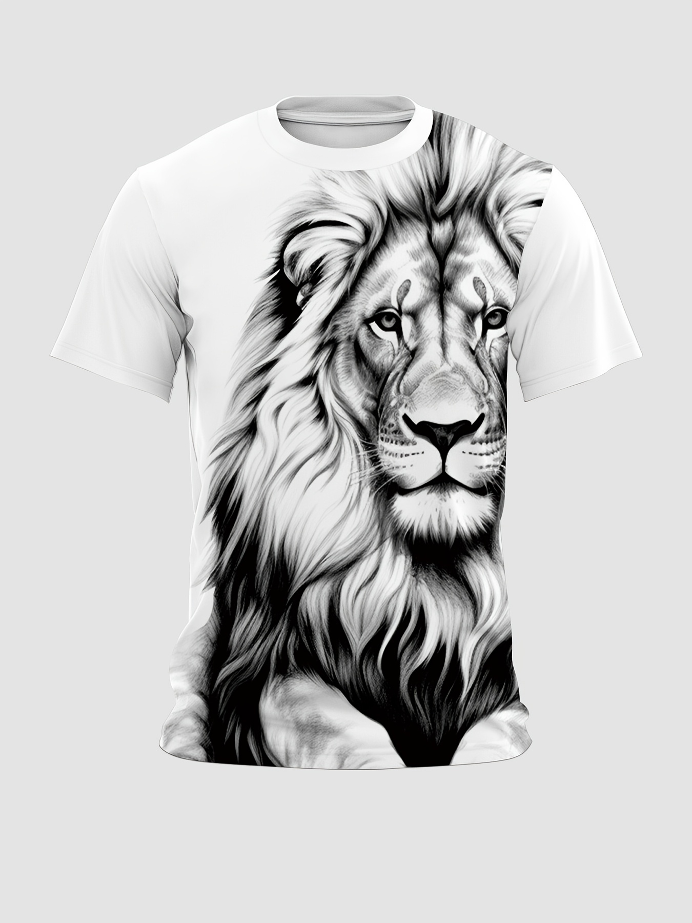 Men'S Casual Black & White Lion Graphic T-Shirt - Short Sleeve, Round Neck, Comfortable Polyester Blend, Summer Style, Versatile for Casual Attire, Everyday Tshirt | Graphic Tee | Durable Print