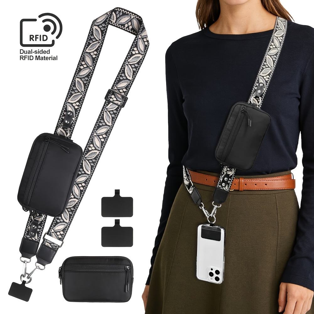 TEMU 1pc Adjustable Phone Lanyard With Detachable Rfid Wristlet Wallet, Embroidery, Leaf Pattern, Compatible With All Phone Cases, Can Hold Id Cards,