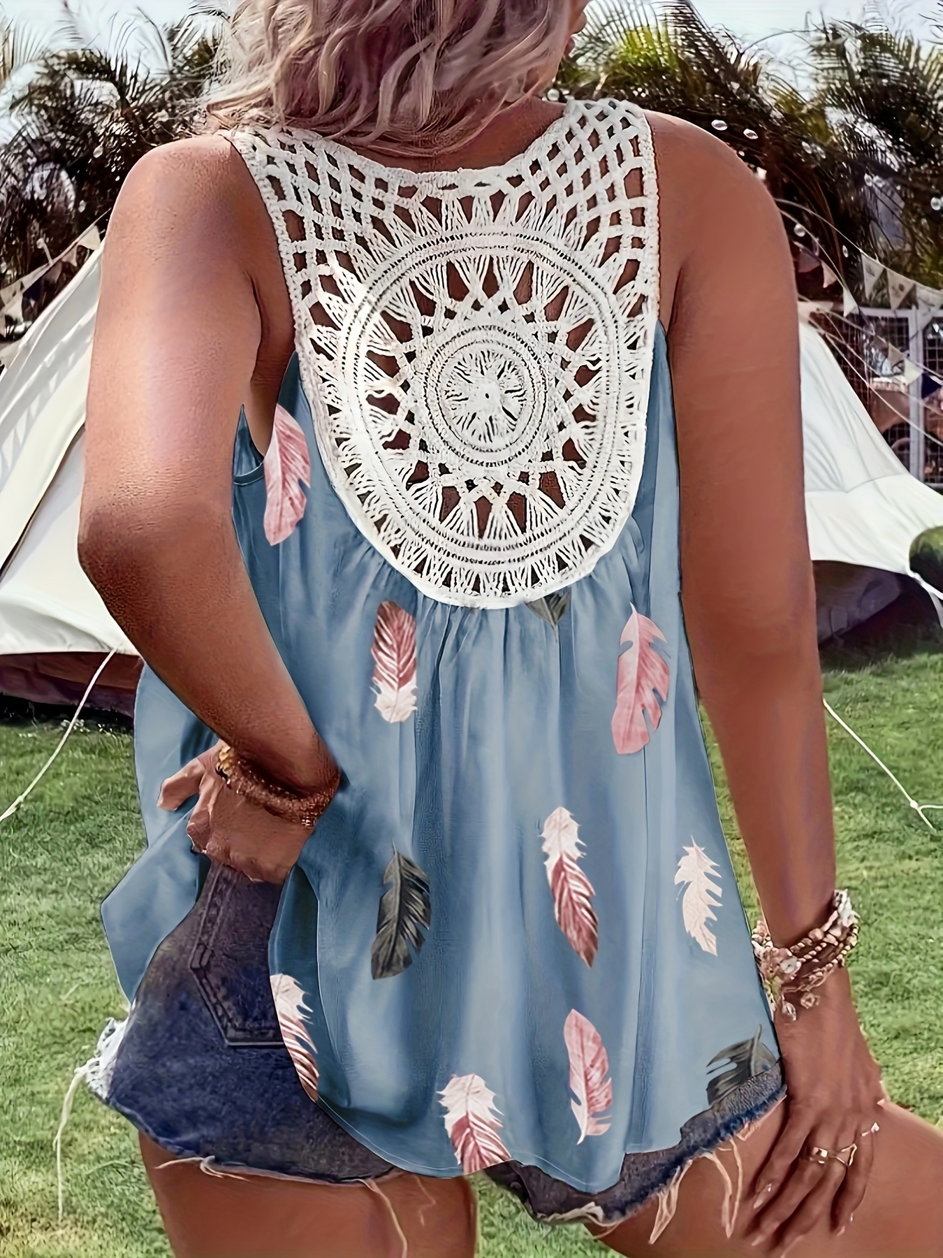 Elegant V-neck Sleeveless Vest, Woven Non-Stretch Fabric, Pattern, with Contrasting Lace Details, for Women, with Voluminous Floral and Ruffles