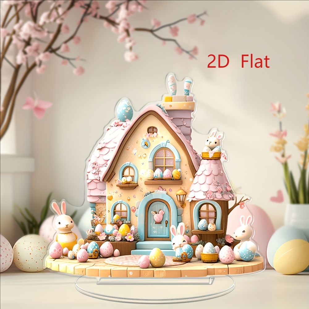 

A 2d Easter Decoration Featuring A Building Style, Complete With Rabbits And Colorful Eggs, Suitable For Tabletop Decor In Dessert Shops, Cafes, And Homes, Embodying The Of The Easter Season.