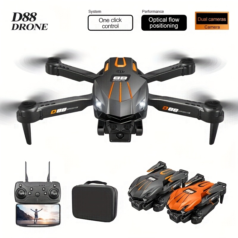 Drone D88 z Podwójnymi Kamerami, Inteligentne Unikanie Przeszkód, Składany z Ochroną Antykolizyjną, GPS-less, Hovering Optical Flow, Ładowanie USB, RC Quadcopter dla Początkujących, Lekki FPV Racing Drone dla Dorosłych i Dzieci, Prezent na Urodziny/Swiatki (Czarny/Pomarańczowy) - Idealny do Fotografii Lotniczej & Wyścigów FPV, Trwała Konstrukcja, Design Elegancki, dla Miłośników Technologii