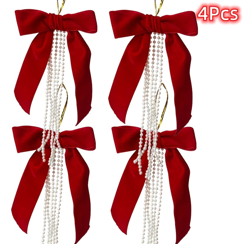 TEMU 4pcs Red Velvet Bow Pearl Tassel Christmas Tree Hanging Ornaments, Individually Packed Pre-tied Golden Hanging Rope, Retro Aesthetic Xmas Decor