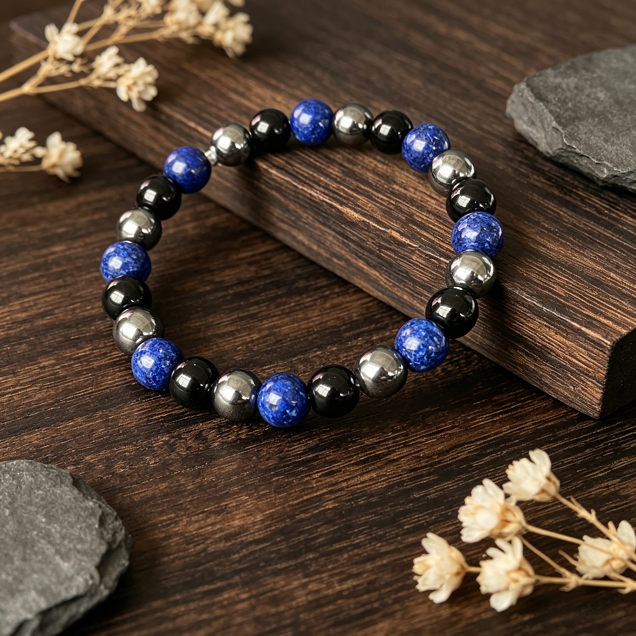 Lapis Lazuli Bracelet with Black Onyx and Hematite