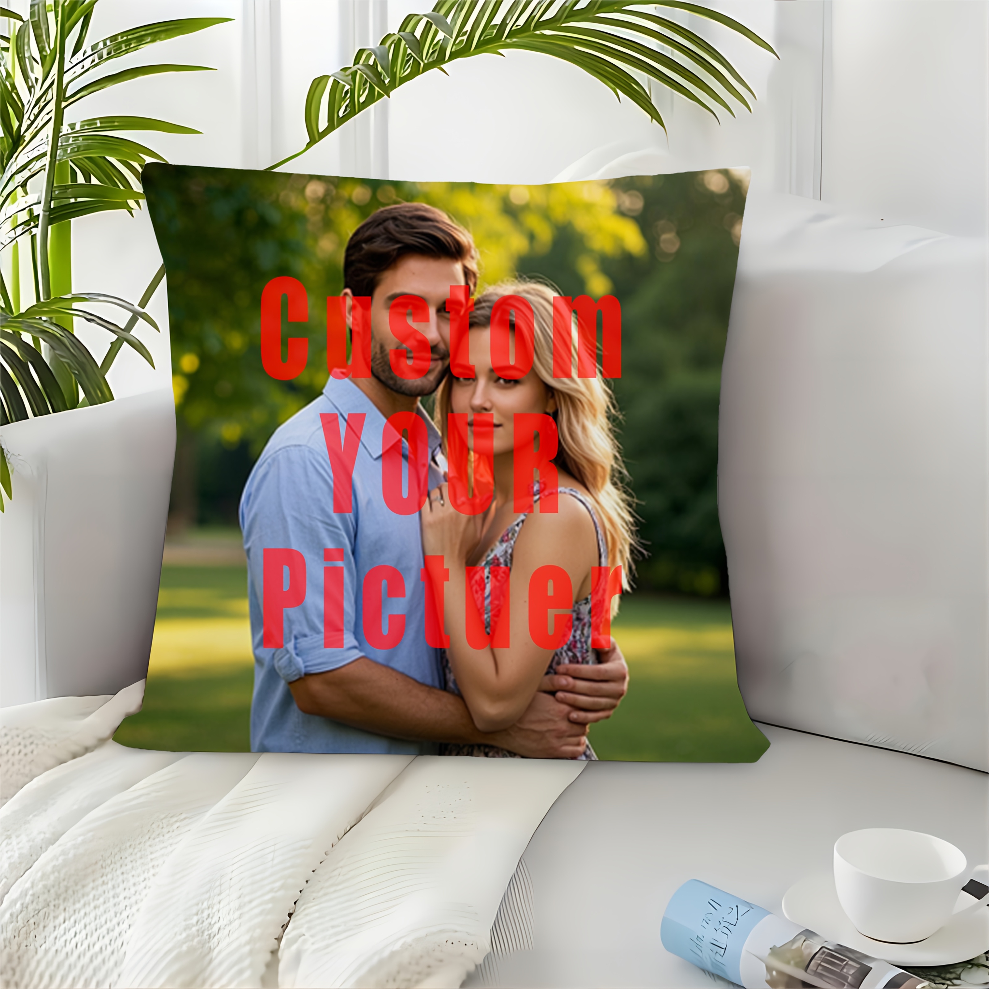 TEMU Custom 1pc 45.72x45.72cm Couple Portrait Photo Pillowcase, Zipper Closure, Hand Washable Polyester Fabric For Home, Office & Car Decor - Single-sided Printing (pillow Insert Not Included)