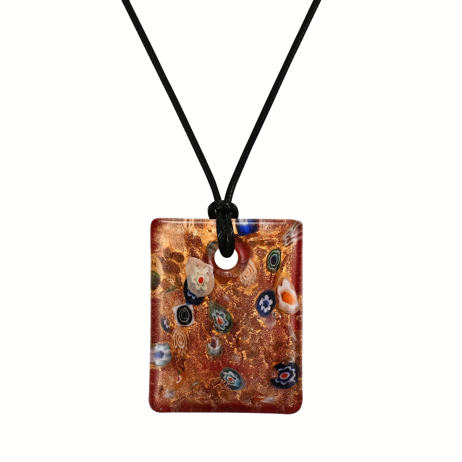 Hand-Fired Floral Pattern Square Glass Pendant Necklace