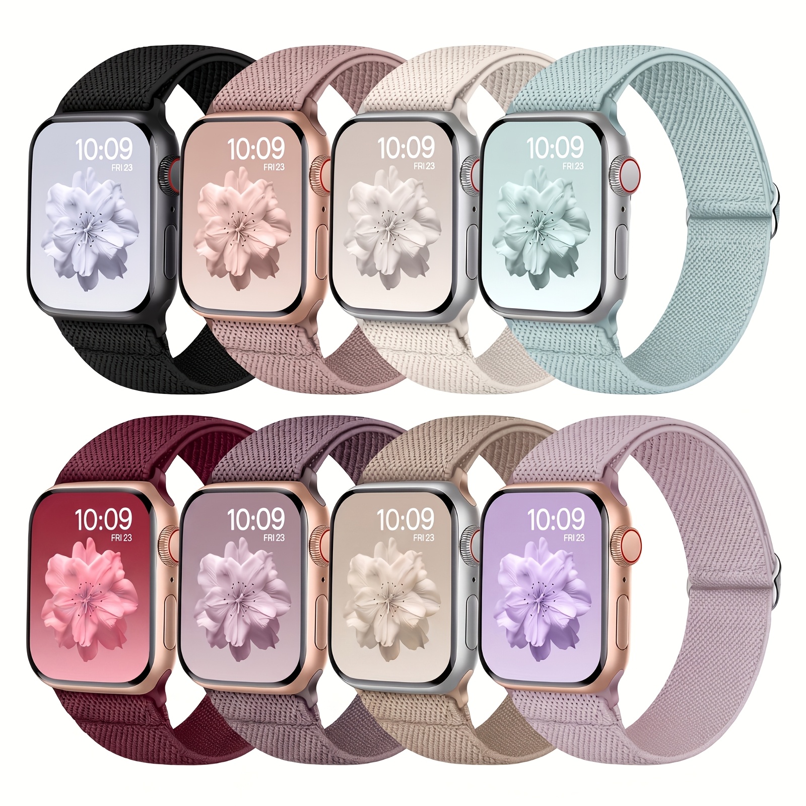 Image of 8 Packes Stretchy Solo Loop, Compatible With Watch Band 38mm 40mm 41mm 42mm 44mm 45mm 46mm 49mm For Women Men, Soft Nylon Elastic Breathable Strap For Iwatch Series Se 10 6 5 4 3 2 1 Ultra