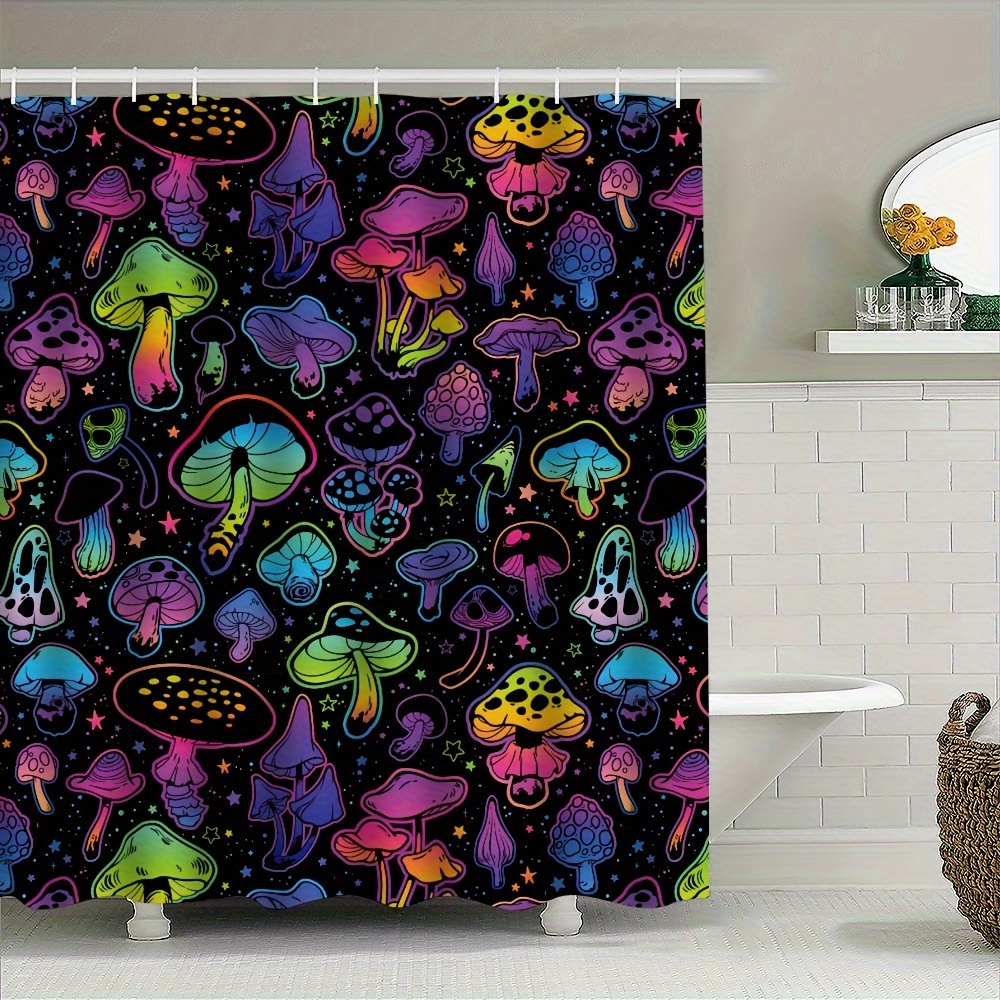 

Mushroom Shower Curtain Set With Hooks, 1pc Printed Waterproof Polyester Bathroom Decor, Machine Washable, , Woven Curtain With Privacy For Home And Bathroom