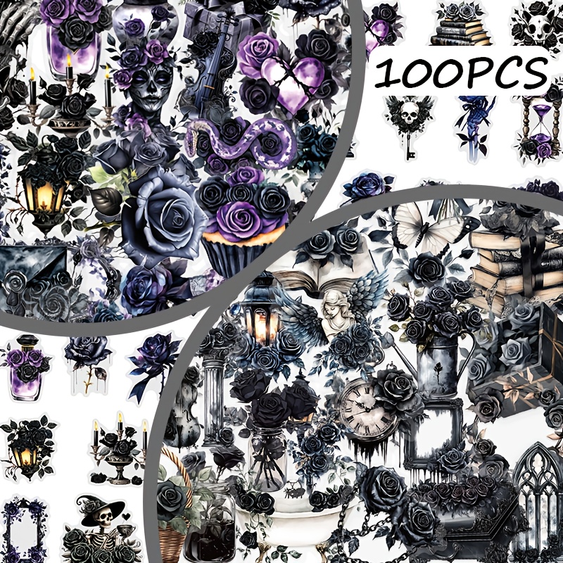 Image of 50/100 Sheets Of New Transparent Rose Stickers In A Dark Gothic Style, Perfect For Decorating Laptops, Phone Cases, Water Bottles, Skateboards, Guitars, And Aesthetic Gifts For Holidays