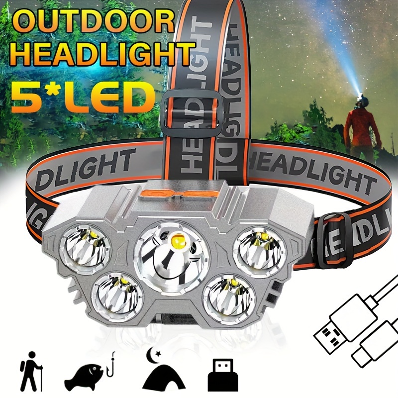 

1pc 5 Led Bright Outdoor Headlamp,usb Rechargeable Camping Running Lighting Lamp,adjustable Angle Hiking Fishing Headlight,abs Material Work Light Flashlight For Emergency,